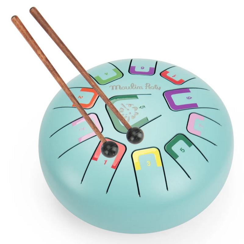 Tamburo a lingue in metallo (steel tongue drums) di colore azzurro, include bacchette, libretto con canzoni e borsa per il trasporto - una fantastica idea regalo per bambini!